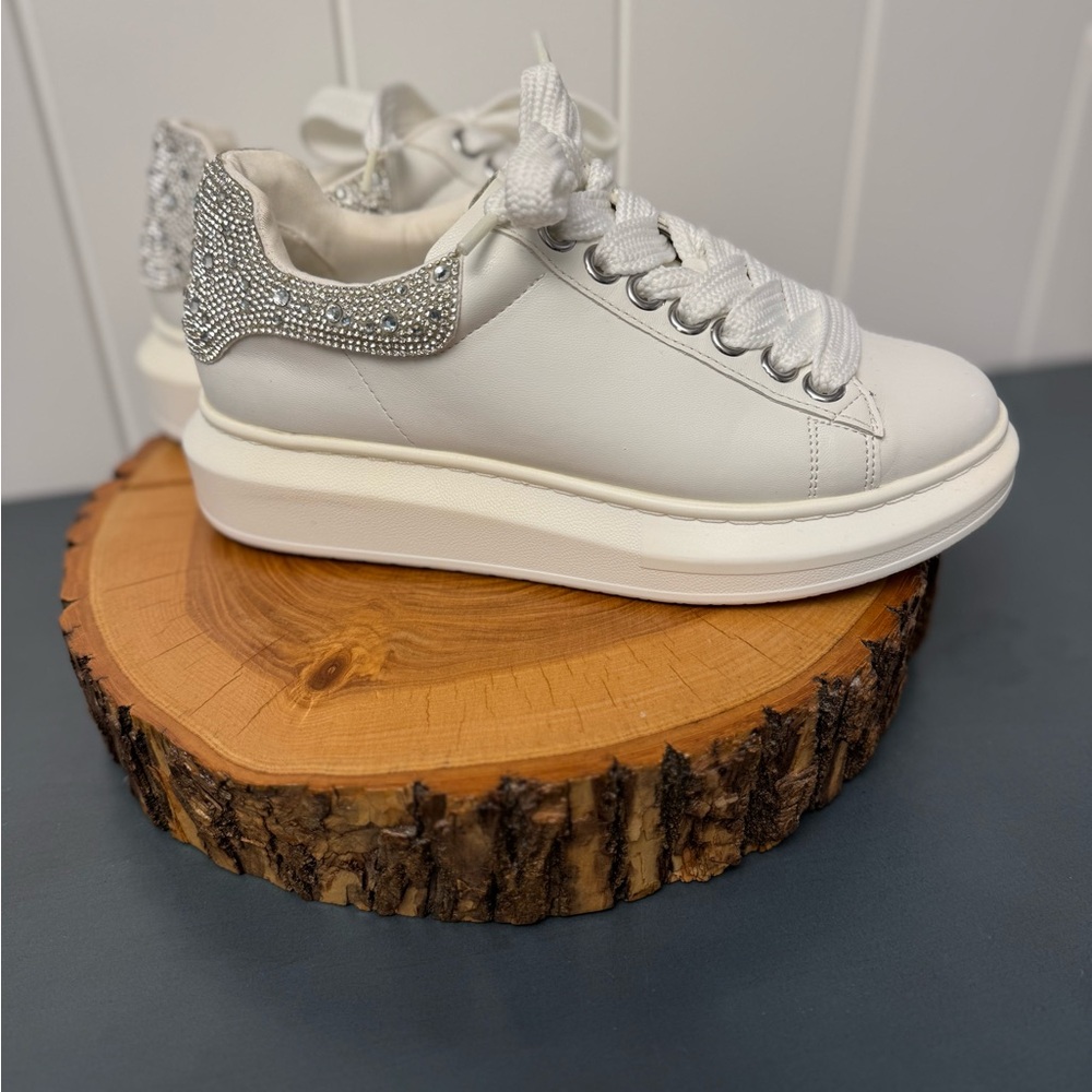 Women's Steve Madden, White Platform Sneakers with Rhinestone Detail on heel, 7M